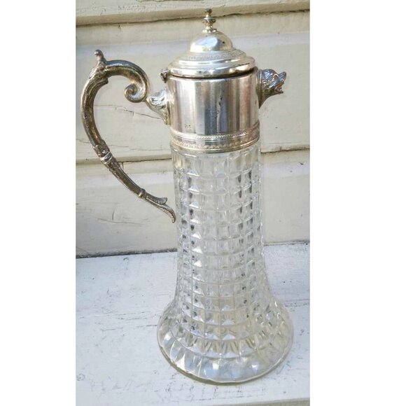 VTG Italian Diamond Point Crystal Decanter W/Silverplated Dog Head Spout/Han - Picture 1 of 11
